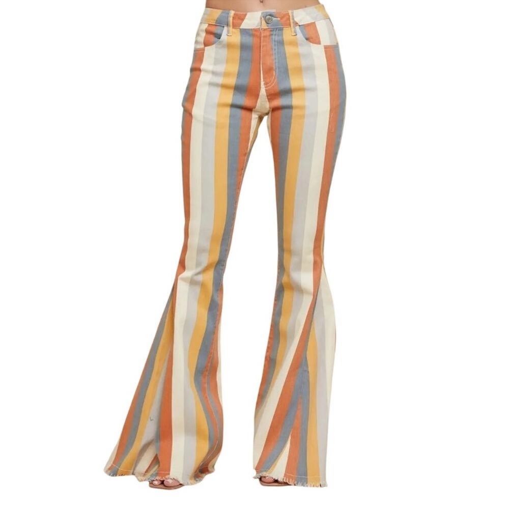 Saints & Hearts Striped Raw Hem Flare Leg Jeans Size S